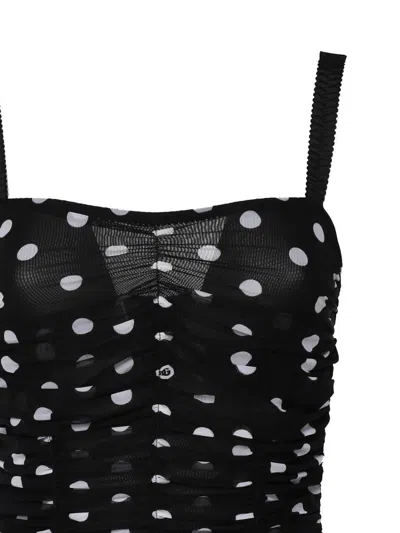 Dolce & Gabbana Polka Dot Print Draped Tulle Midi Dress In Black