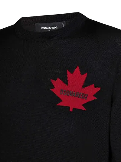 Dsquared2 Wool Crew Neck Knitwear With Red Maple Leaf Emblem In Black