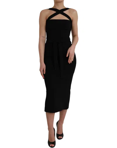 Dolce & Gabbana Elegant Black Sheath Halter Midi Dress