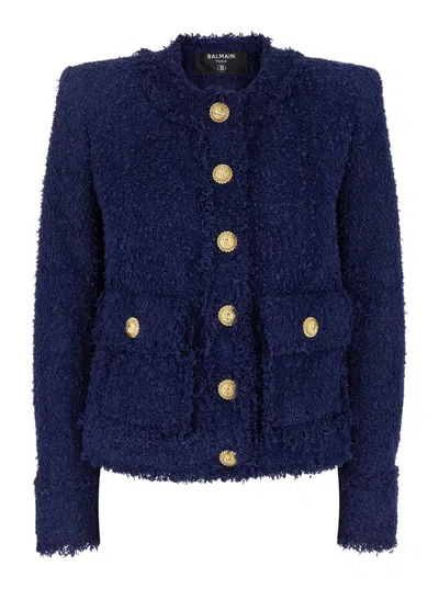 Balmain Blue Collarless Jacket With Gold Buttons In Blue