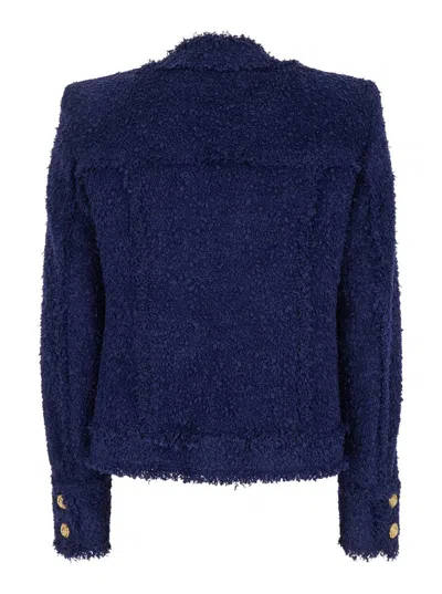 Balmain Blue Collarless Jacket With Gold Buttons In Blue