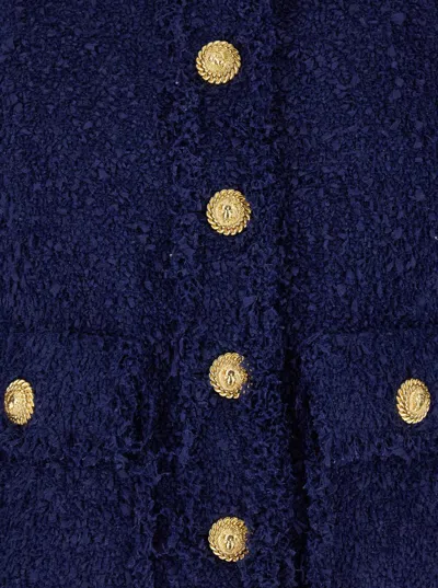 Balmain Blue Collarless Jacket With Gold Buttons In Blue