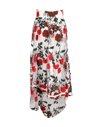 Ganni Monroe Asymmetric Floral Midi Skirt In White Tulle In White