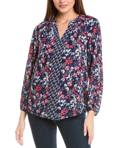 Jones New York Petite Mixed-print V-neck Long-sleeve Top In Blue