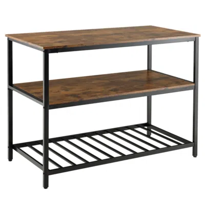 Hivvago 3 Shelves Kitchen Island Industrial Prep Table With Bottom Wine Rack-rustic Brown