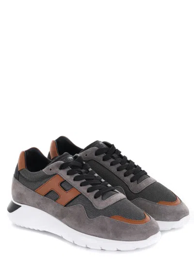 Hogan Interact 3 Allacciata Shoes In Grigio Scuro/cammello