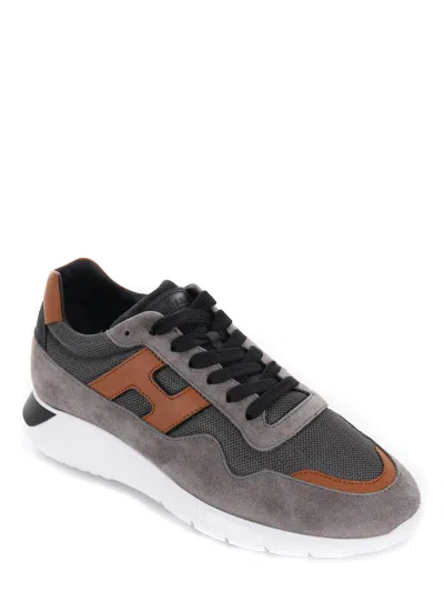 Hogan Interact 3 Allacciata Shoes In Grigio Scuro/cammello