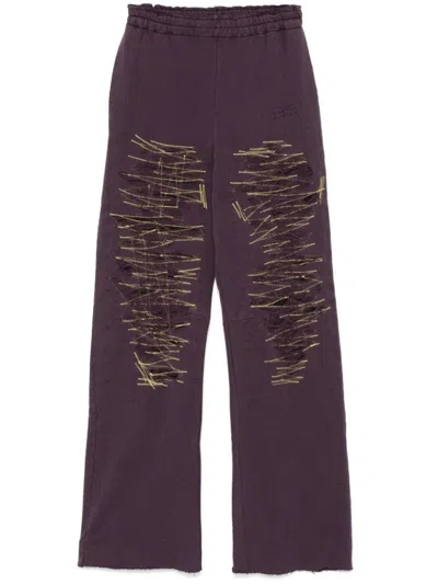 Mm6 Maison Margiela Elasticized Waist Wide Leg Trousers With Distressed Effect In Purple