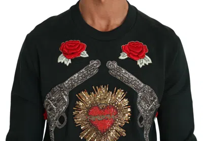 Dolce & Gabbana Green Crystal Heart Roses Gun Sweater In Green