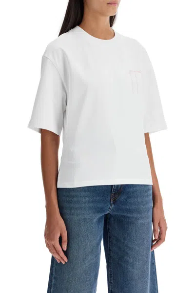 Shop Ganni T-shirt With Frayed Embroidery In White