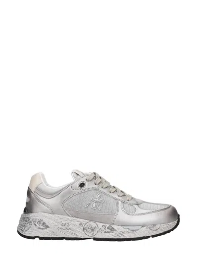 Premiata Silver Leather Sneakers With Textured Finish In Silver