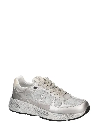 Premiata Silver Leather Sneakers With Textured Finish In Silver
