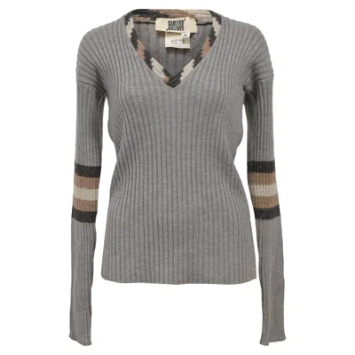 Jean Paul Gaultier Ribbed Knit V-neck Sweater In Grey Wool In Grey
