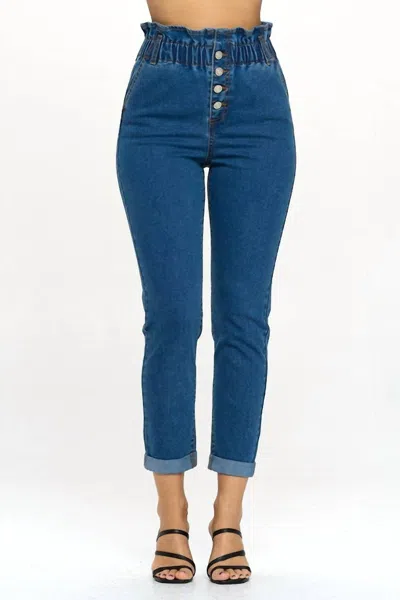 Chocolate Usa Paperbag Smocked Waist Buttonfly Jeans In Denim In Blue