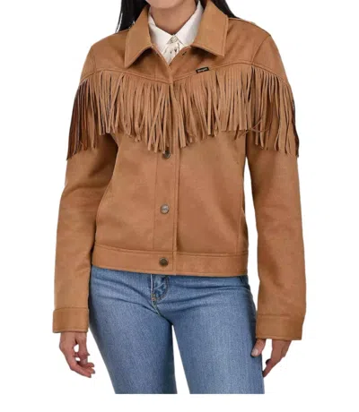Wrangler Faux Suede With Fringe Trucker Jacket In Mid Brown In Multi