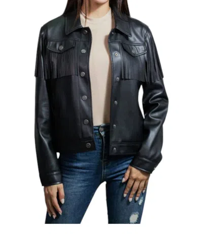 Wrangler Faux Leather With Fringe Trucker Jacket In Black In Black