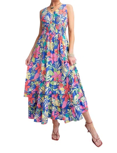 Easel Tropical Print Peach Blossom Maxi Dress In Peri Blue