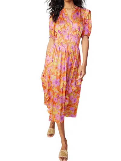 CURRENT AIR SPLIT NECK SMOCKED MIDI DRESS IN ORANGE PINK 