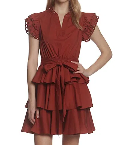 Stellah Eyelet Ruffle Trim Belted Mini Dress In Spice In Red