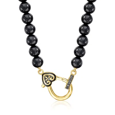 Ross-simons 6mm Black Agate Bead And Black Enamel Oversized Lobster Clasp Necklace With Black Diamond Accents In In Black