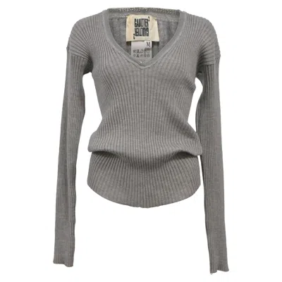 Jean Paul Gaultier Ribbed Knit V-neck Sweater In Grey Wool In Grey