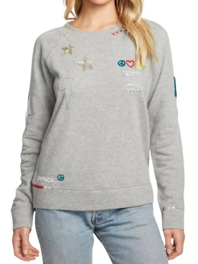 Chaser Peace Fleece Long Sleeve Pullover Top In Grey In Grey