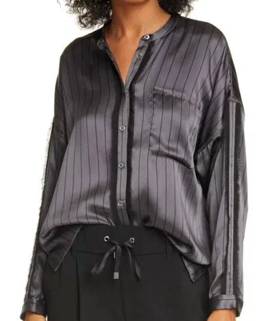 Atm Anthony Thomas Melillo Silk Striped Button Down Shirt With Fringe In Asphalt/black In Black