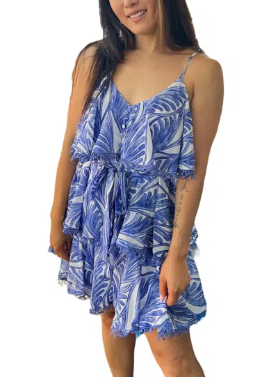Sincerely Ours Printed Ruffle Dress In Palms Blue In Blue