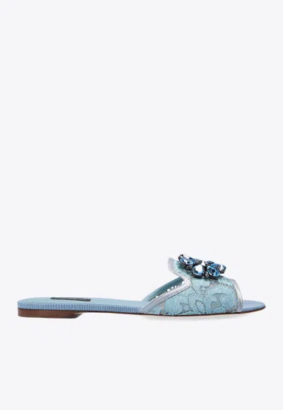 Dolce & Gabbana Bianca Crystal Embellished Lace Flat Sandals In Light Blue