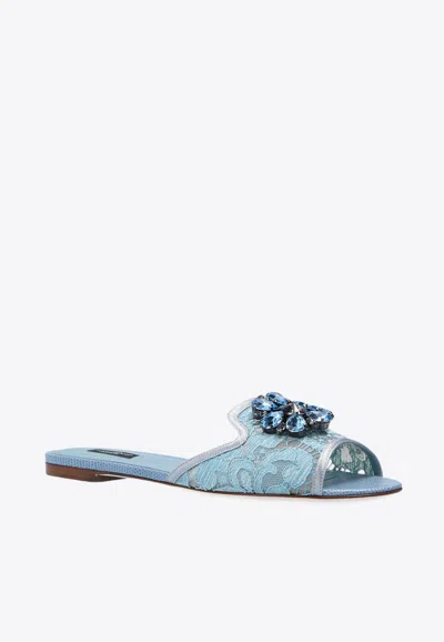 Dolce & Gabbana Bianca Crystal Embellished Lace Flat Sandals In Light Blue