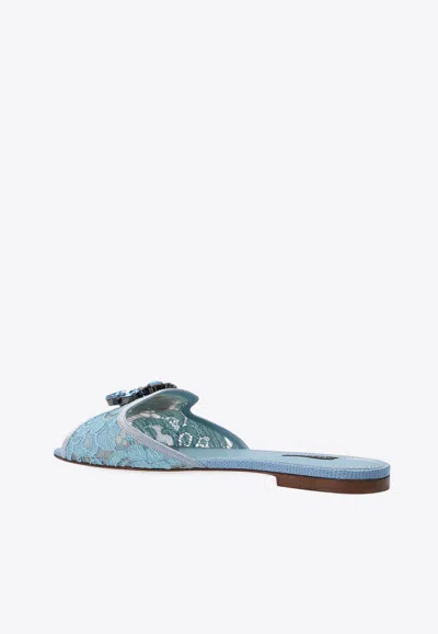 Dolce & Gabbana Bianca Crystal Embellished Lace Flat Sandals In Light Blue