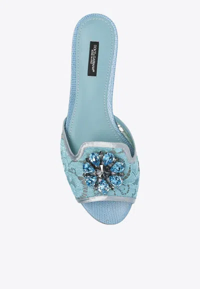 Dolce & Gabbana Bianca Crystal Embellished Lace Flat Sandals In Light Blue