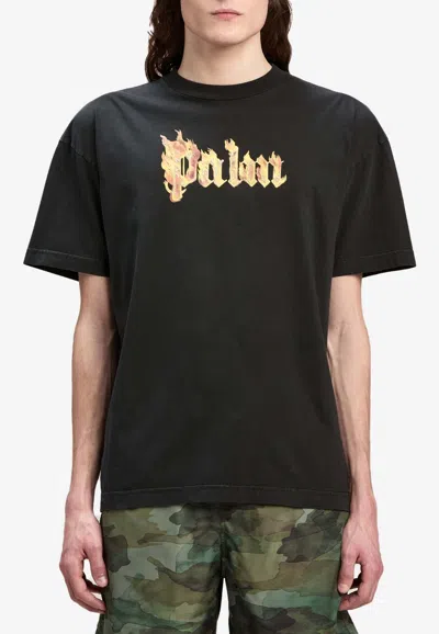 Palm Angels Burning Palm Black Cotton Oversize T-shirt In Black