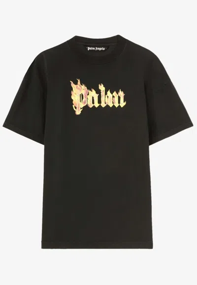 Palm Angels Burning Palm Black Cotton Oversize T-shirt In Black