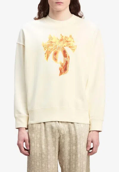 Palm Angels White Crewneck Sweatshirt With Burning Logo Print In Cotton Man In White