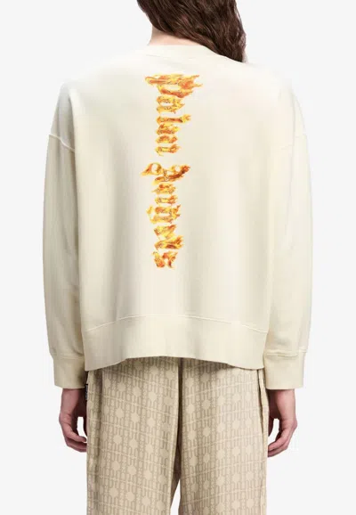 Palm Angels White Crewneck Sweatshirt With Burning Logo Print In Cotton Man In White