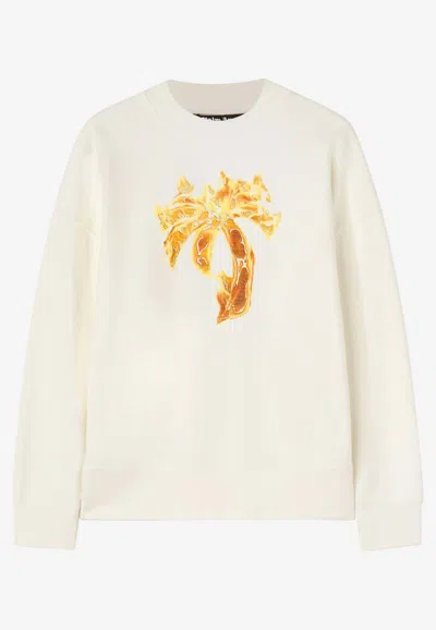 Palm Angels White Crewneck Sweatshirt With Burning Logo Print In Cotton Man In White