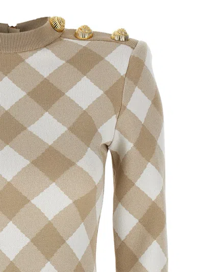Balmain Checked Pattern Dress Gold-tone Buttons In Beige
