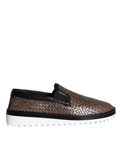 Dolce & Gabbana Brown Black Leather Weaved Men Loafers Shoes In Black