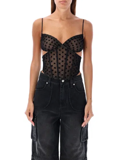 Misbhv Black Monogram Mesh Corset Top In Black