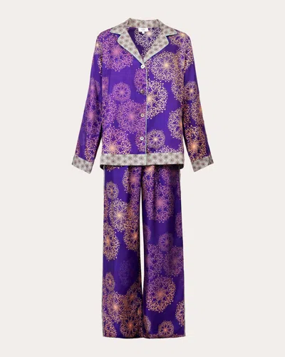 Karma On The Rocks Women's Isa Hanabi Printed Silk Pajama Set In Purple