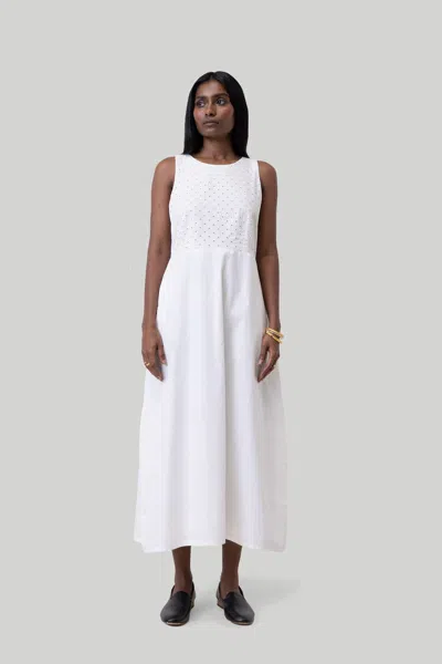 Reistor Cross-back Midi Dress In Eyelet Embroidery In White