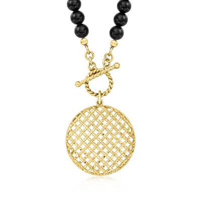 Ross-simons 6mm Onyx Bead And 18kt Gold Over Sterling Crisscross Medallion Toggle Necklace In Multi