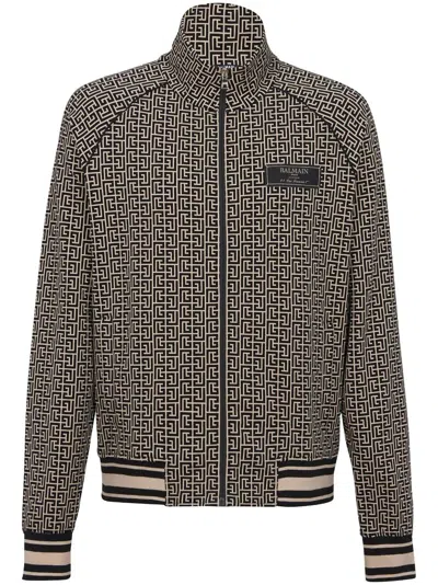 Shop Balmain Bomber Jacket With Jacquard Monogram In Nude & Neutrals