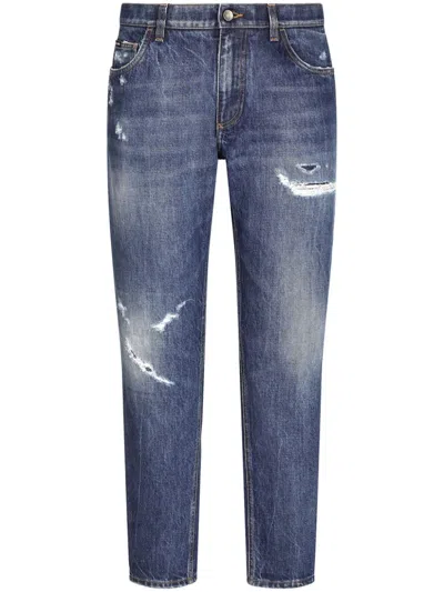 Shop Dolce & Gabbana Straight Jeans With A Worn Effect In Blue