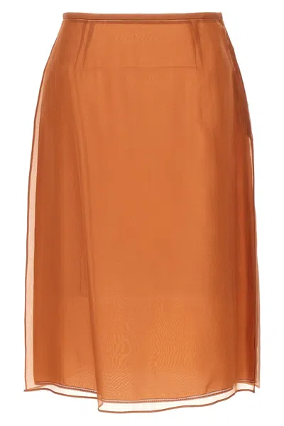 Prada Double Layer Semi-sheer Midi Skirt In Brown