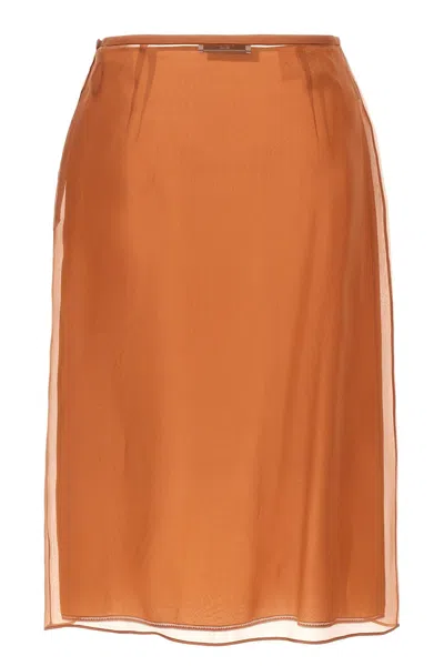 Prada Double Layer Semi-sheer Midi Skirt In Brown