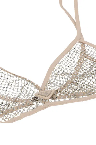 Prada Women Rhinestone Mesh Bra In Cream