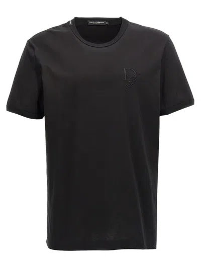 Shop Dolce & Gabbana Black Crewneck T-shirt With Tonal Embroidery In Cotton Man