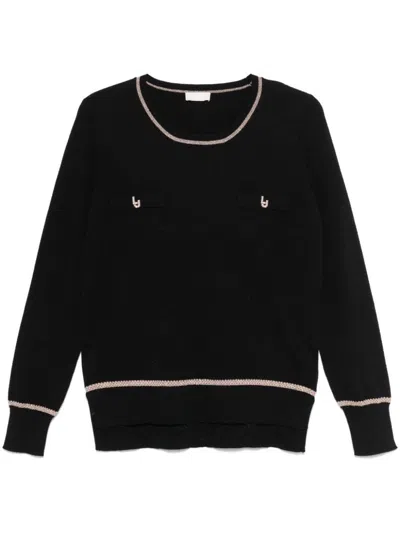 Shop Liu •jo Liu Jo Crewneck Sweater In Beige With Striped Inserts In Nero E Oro